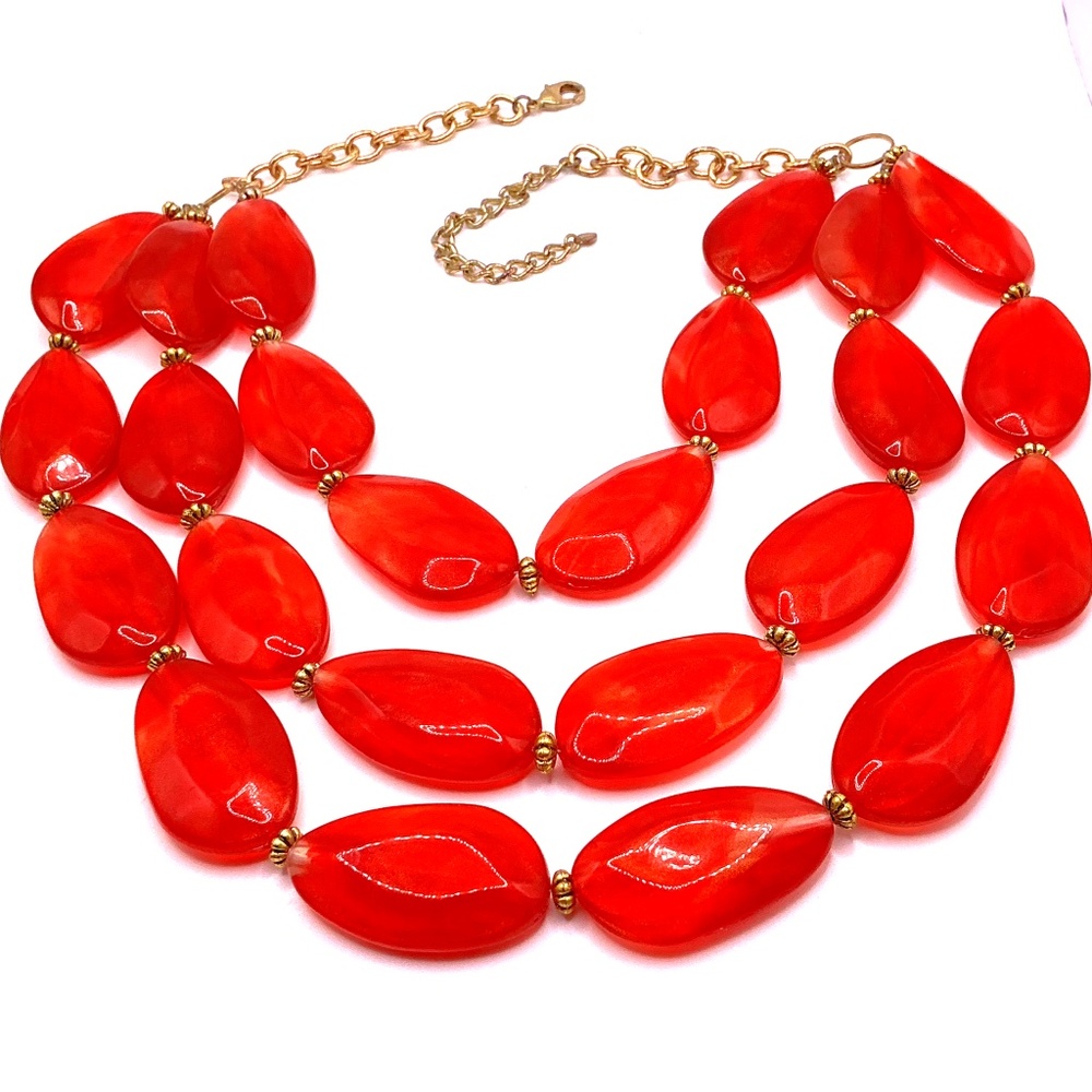Vintage Statement Gold Tone Three Strand Necklace Red 16” With 3” Extender